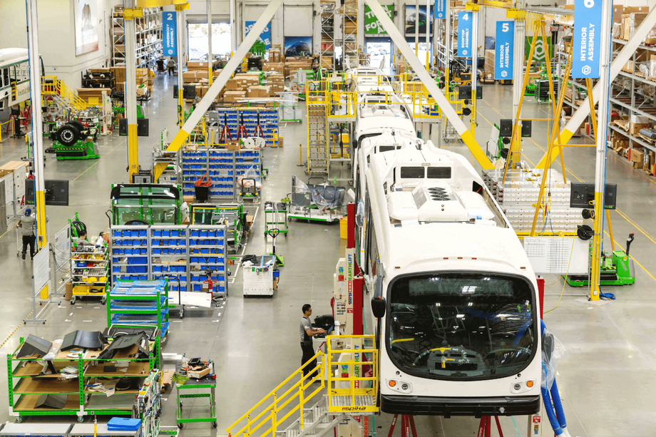 Proterra ZX5 Max buses built on the manufacturing floor in Los Angeles